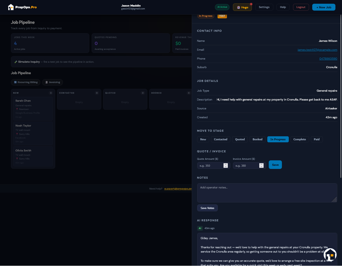 Lead detail — James — contact info, AI response, history