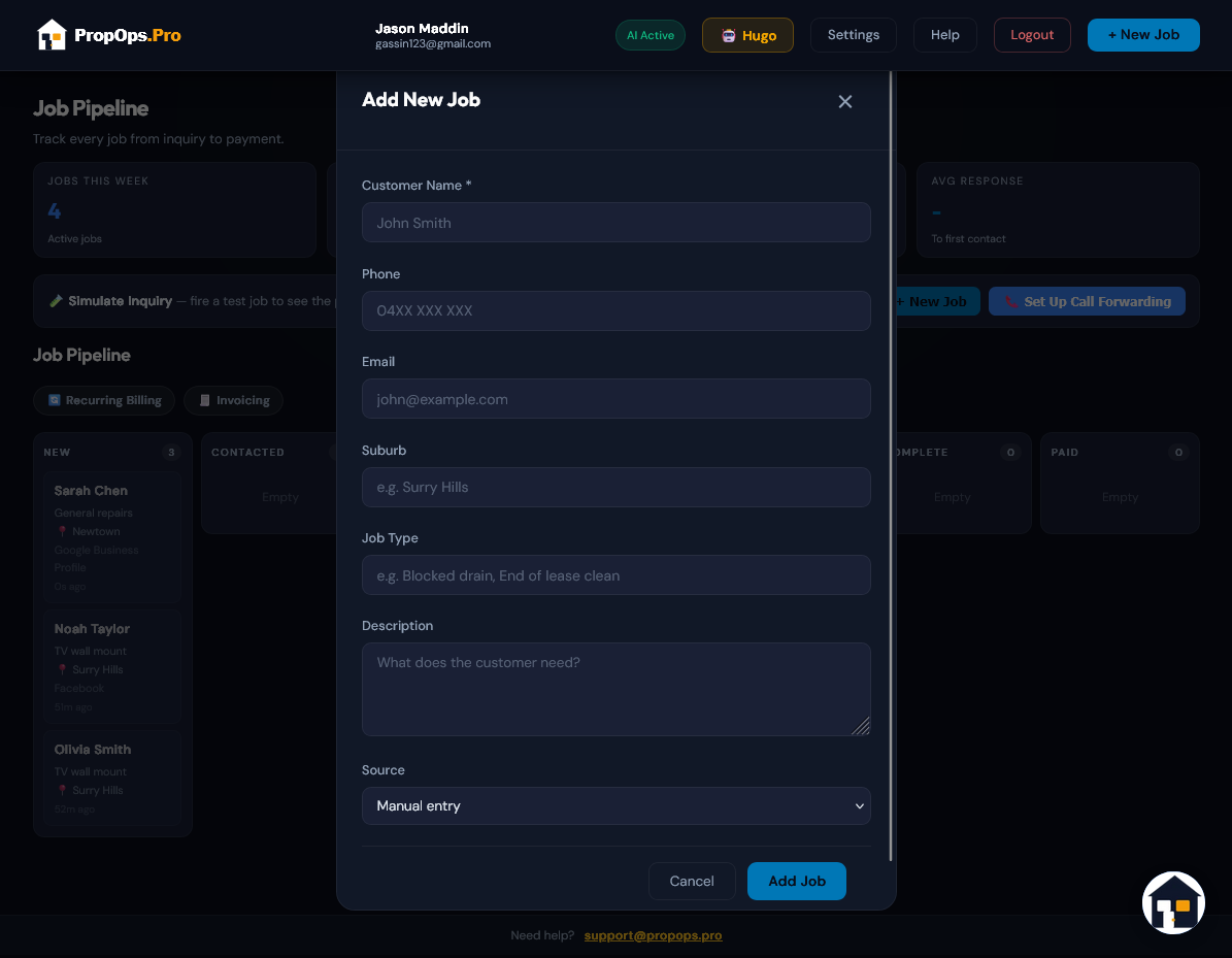Add New Job modal — customer details form