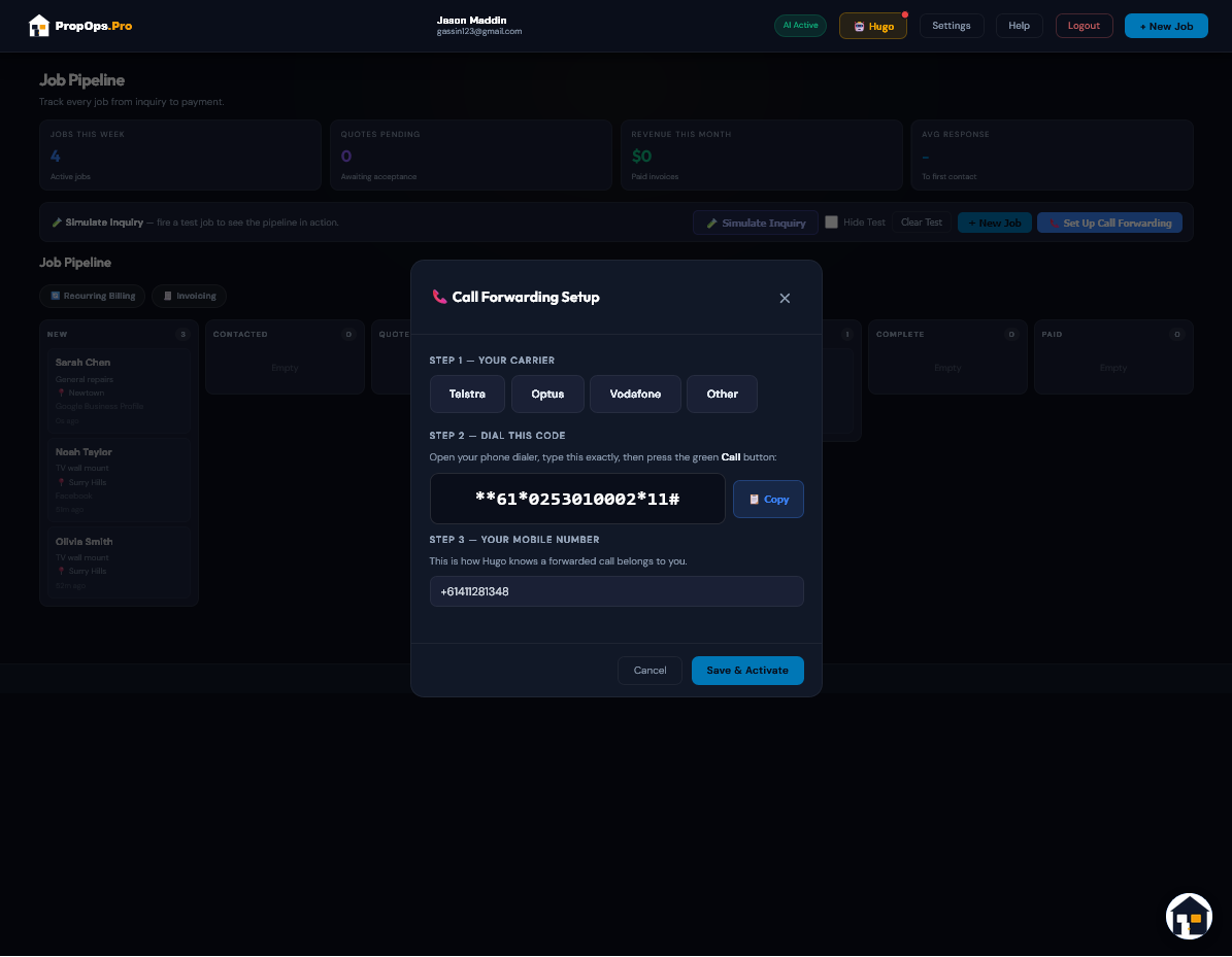 Call forwarding setup modal — carrier selection