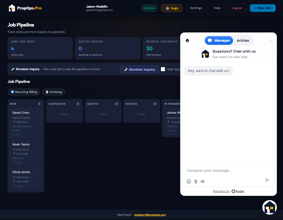 Crisp messages open — support chat