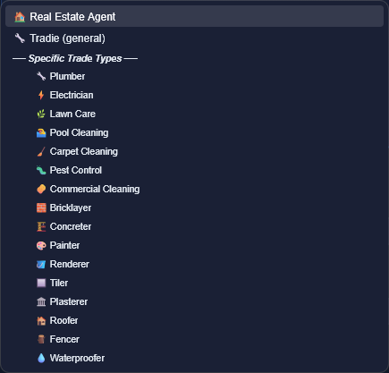 Operator type selector — 17 trade categories