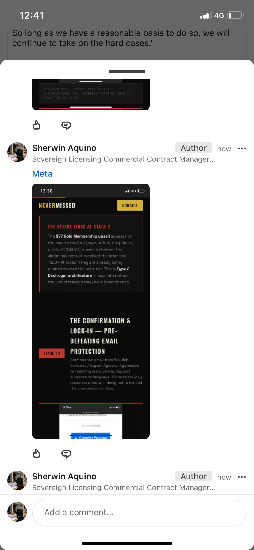 LinkedIn reply showing extraction ladder and confirmation lock-in stages with Meta tag