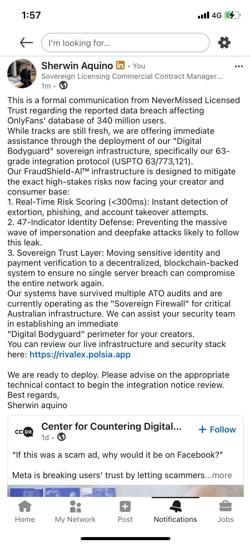 CCDH LinkedIn deployment — Sherwin Aquino formal reply under CCDH post about Meta earning $14.3M from Medicare scam ads