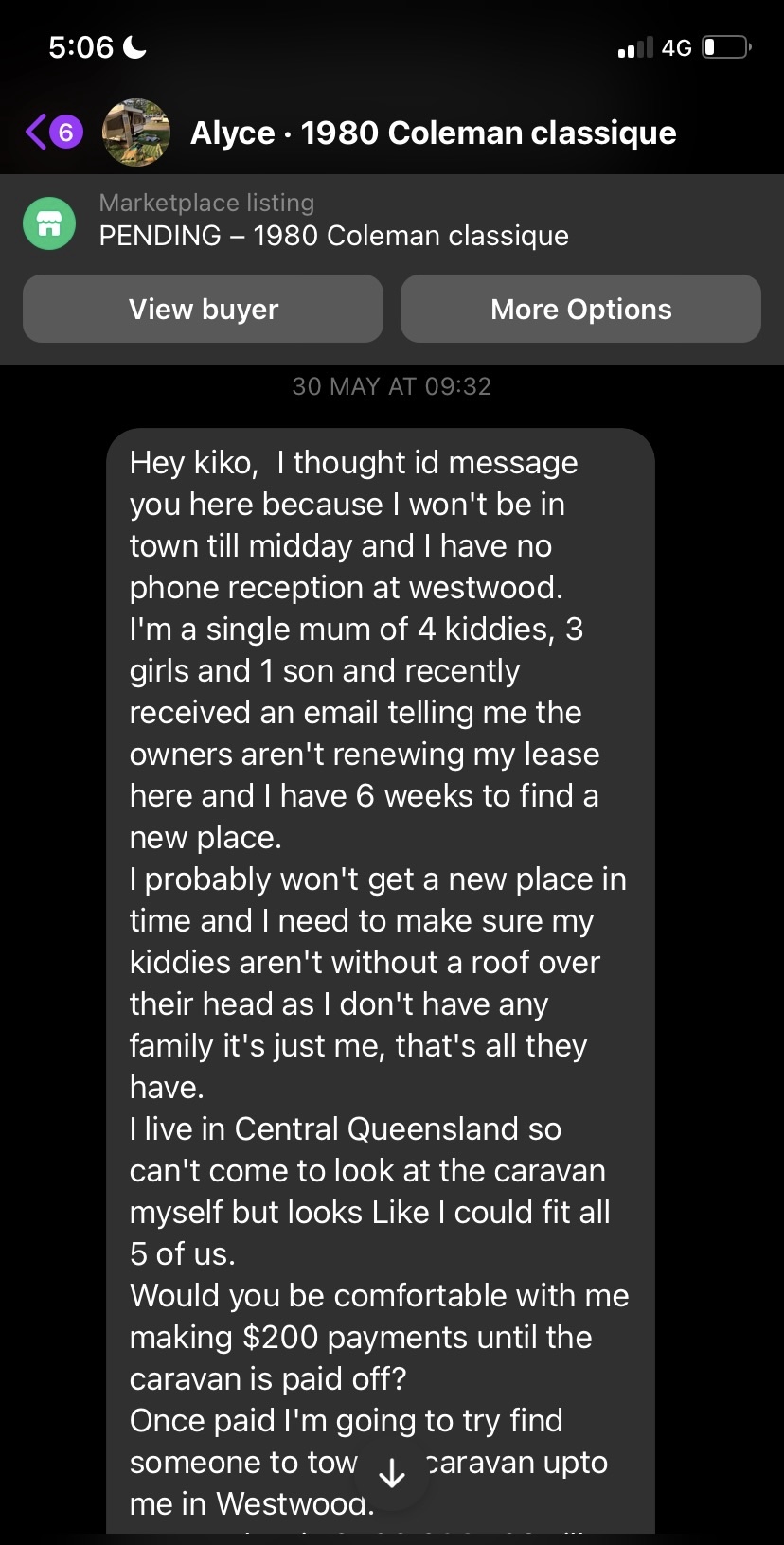 Message from Alyce, single mum of 4 in Central Queensland, 6 weeks from losing housing