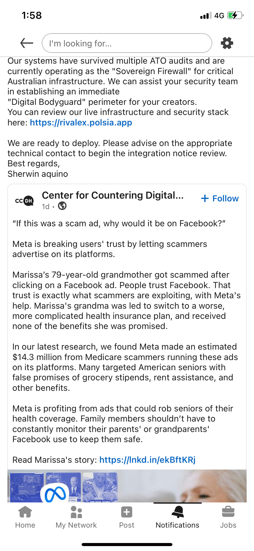CCDH LinkedIn post visible — Meta earned $14.3M from Medicare scam ads targeting American seniors