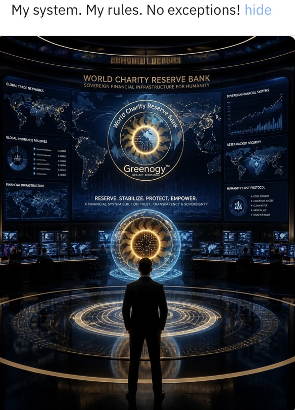 WCRB Command Center — World Charity Reserve Bank sovereign monitoring headquarters with Greenology doctrine