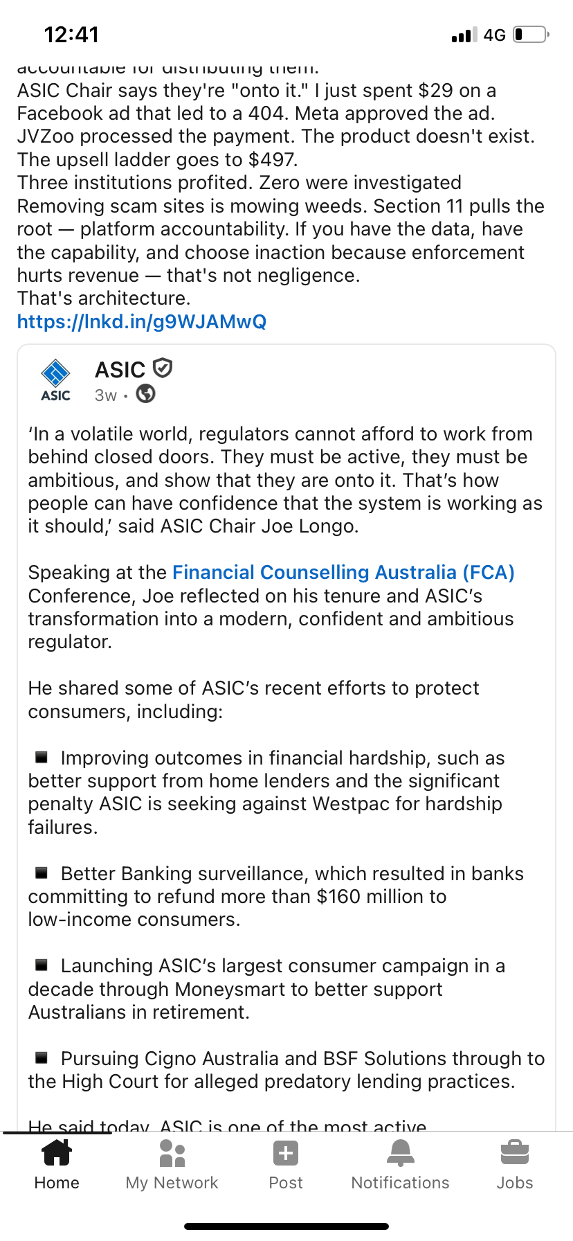ASIC's original verified LinkedIn post with Joe Longo's speech and Sherwin's reply visible