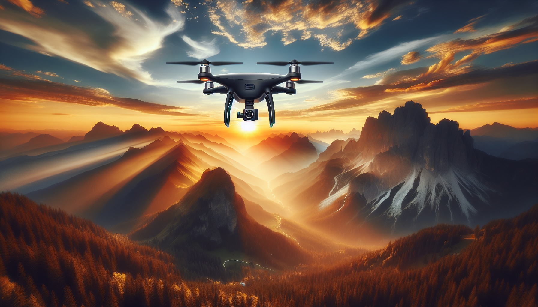 DJI Mini 5 Pro drone flying at golden hour aerial photography mountains