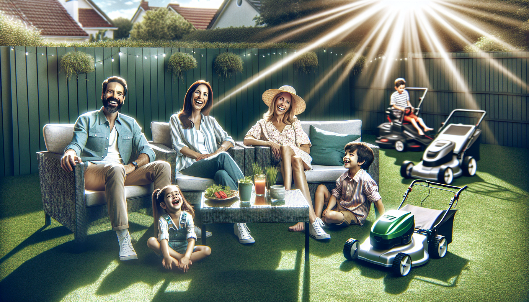 Familia hispana relajándose en el jardín mientras el cortacésped RC trabaja solo