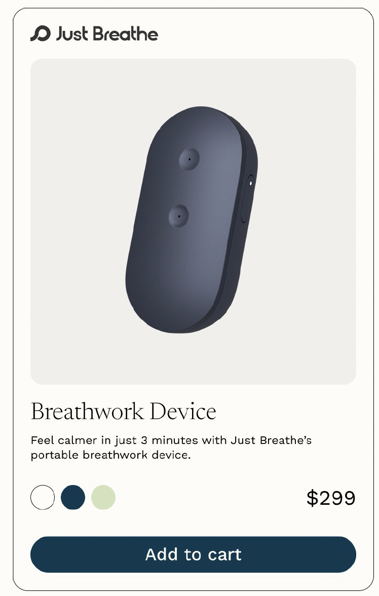 Just Breathe e-commerce product card showing $299 price