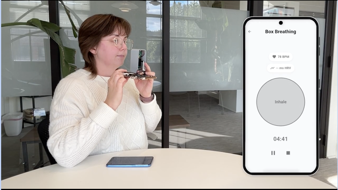 App showing Box Breathing session with 78 BPM and HRV tracking