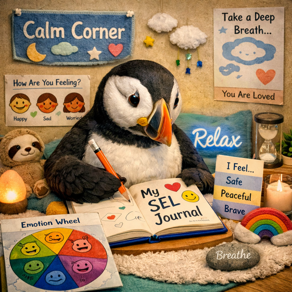 Puffin Resilience Lab mascot writing in SEL journal