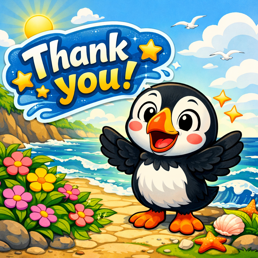 Thank You puffin on the beach