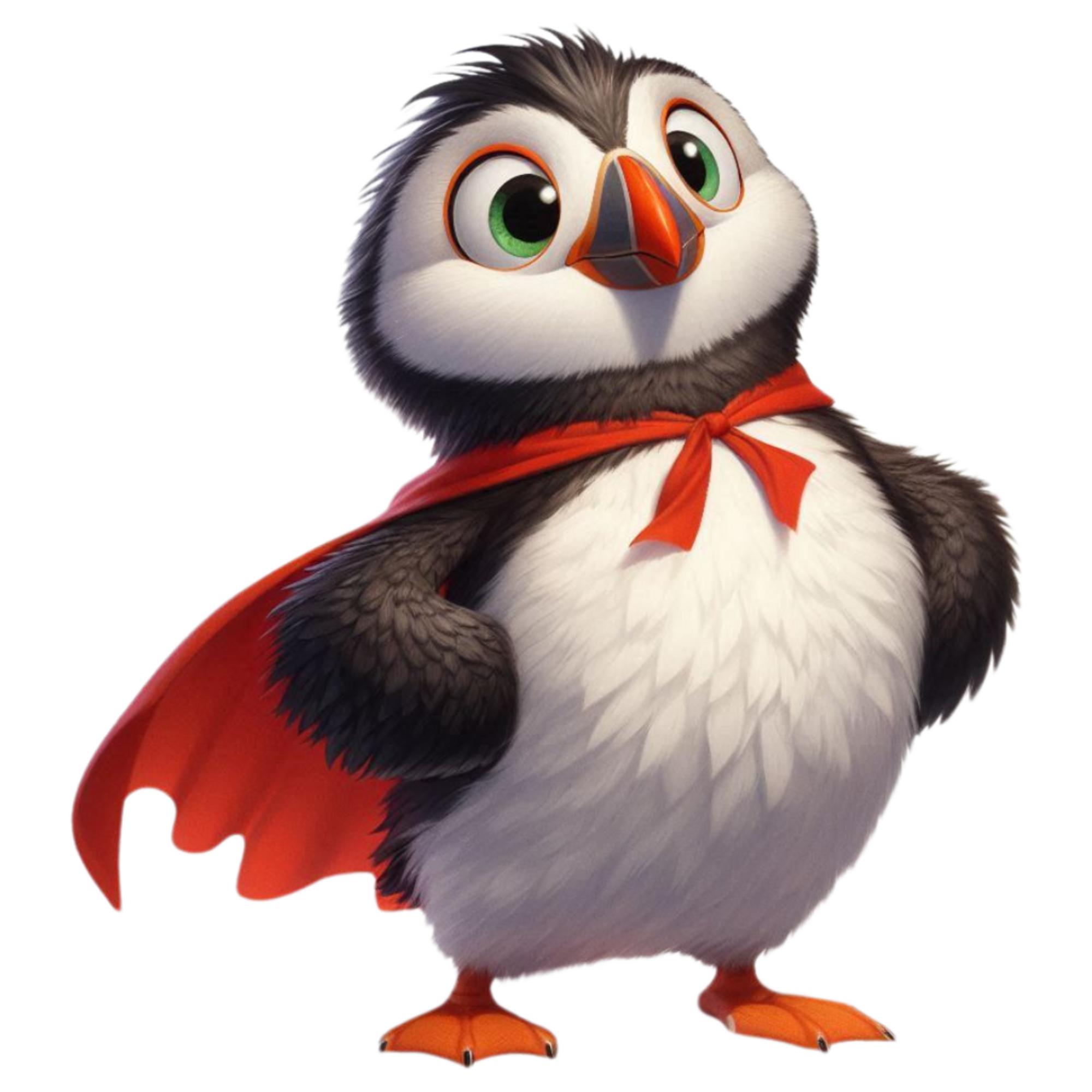 Brave puffin in red cape