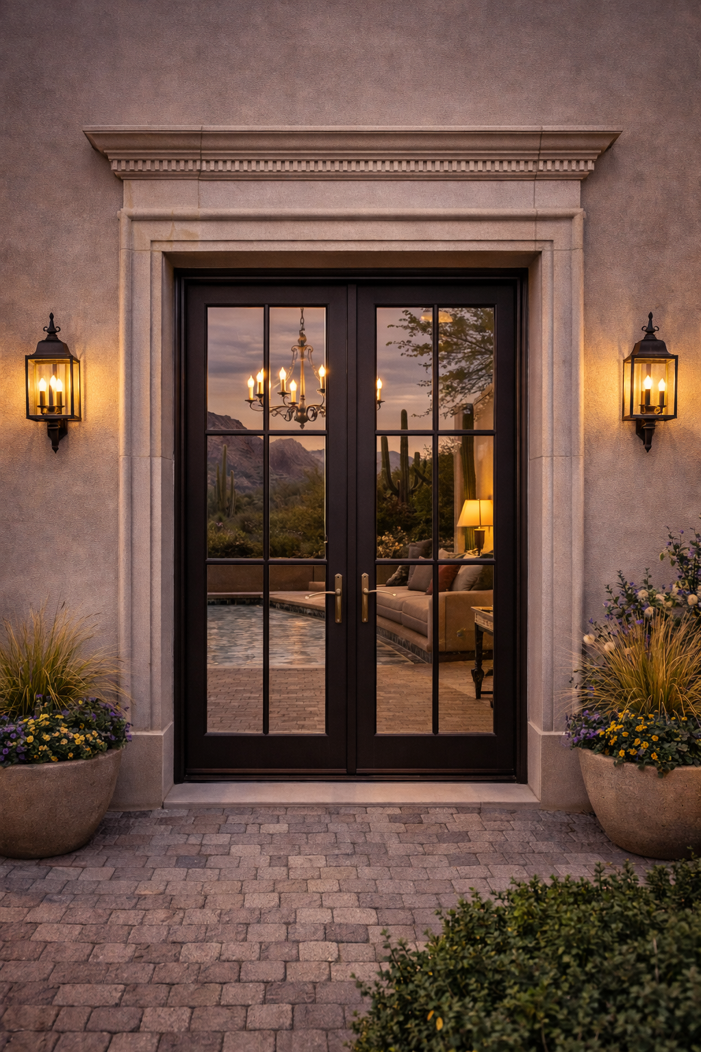 Architectural cast stone door surround with classical profile and ornamental trim