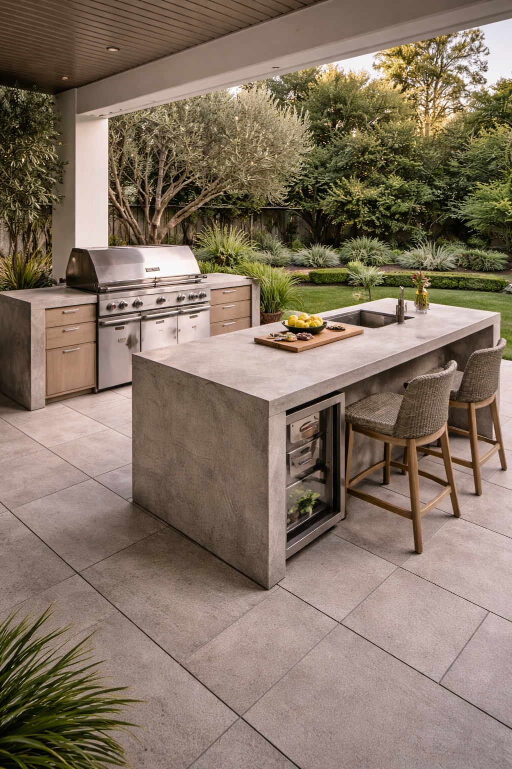 Modern outdoor kitchen island with concrete countertop &mdash; Mesa Precast custom GFRC countertops for outdoor kitchen and luxury outdoor living spaces