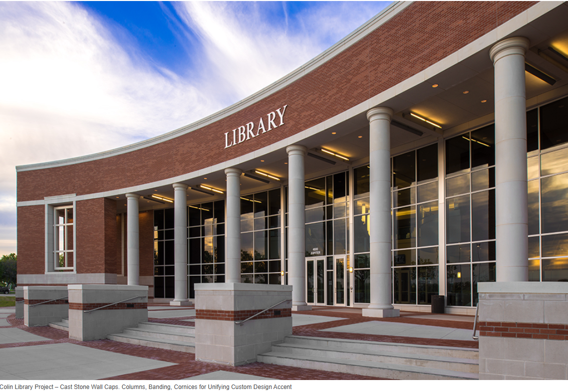 Cast stone columns, cornices, and banding on an institutional building — architect's guide to precast concrete specifications CSI MasterFormat