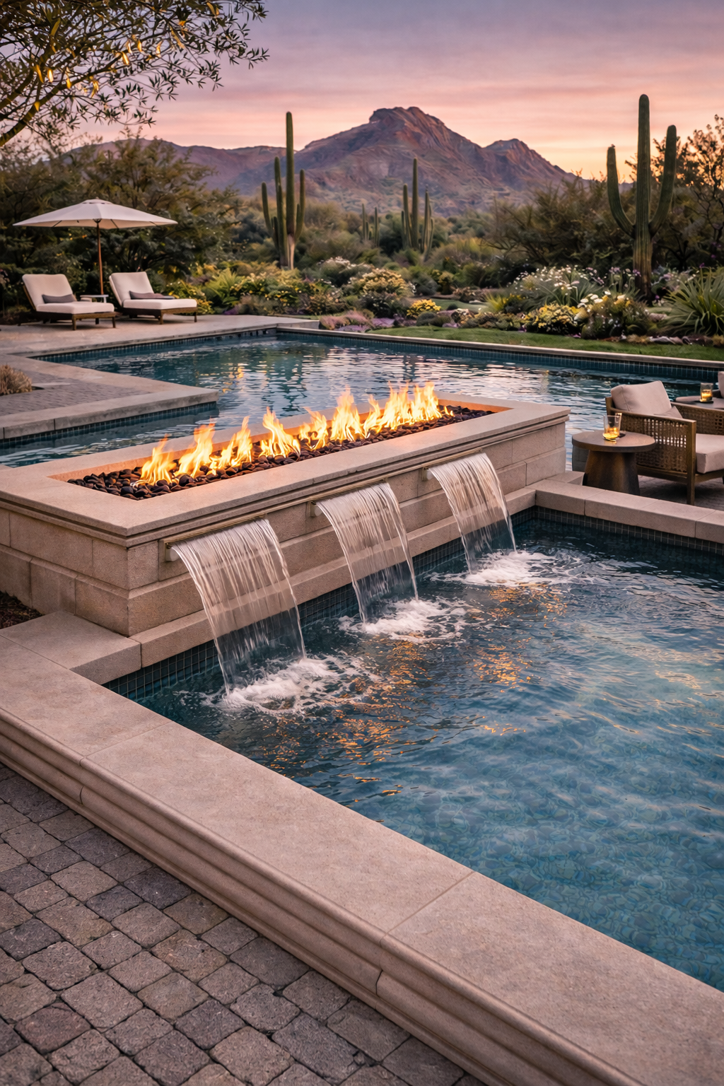 Fire and water feature in modern luxury outdoor living space &mdash; Mesa Precast custom GFRC and precast elements for modern luxury landscapes