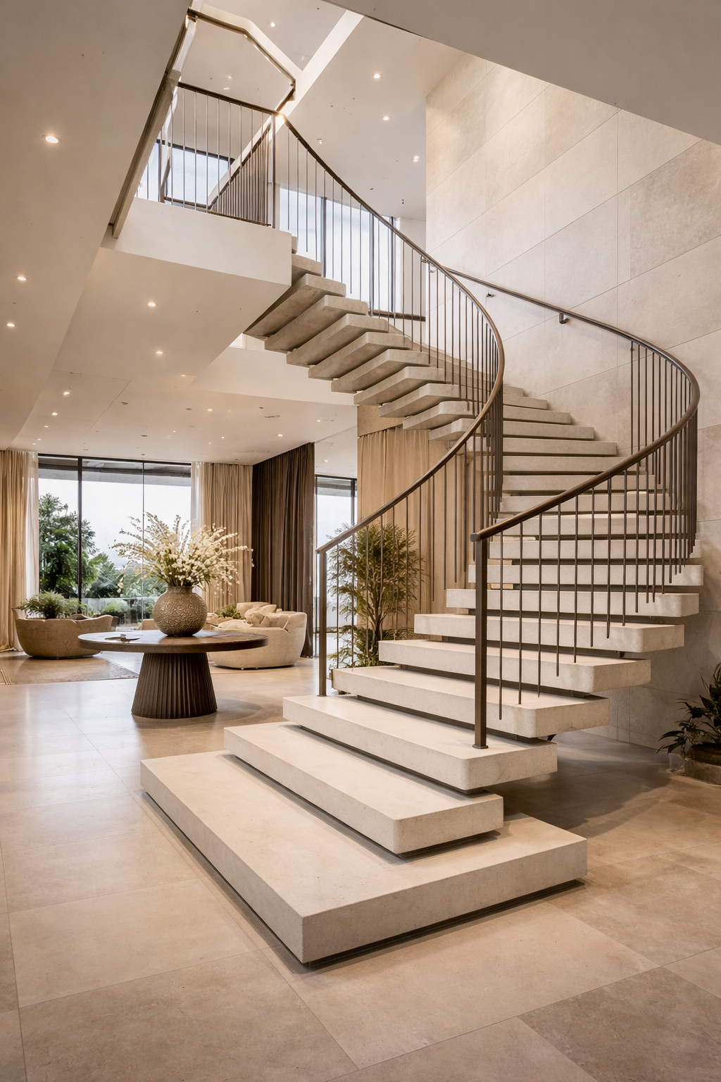 Grand curved staircase with concrete treads in modern luxury home &mdash; Mesa Precast custom precast stair elements
