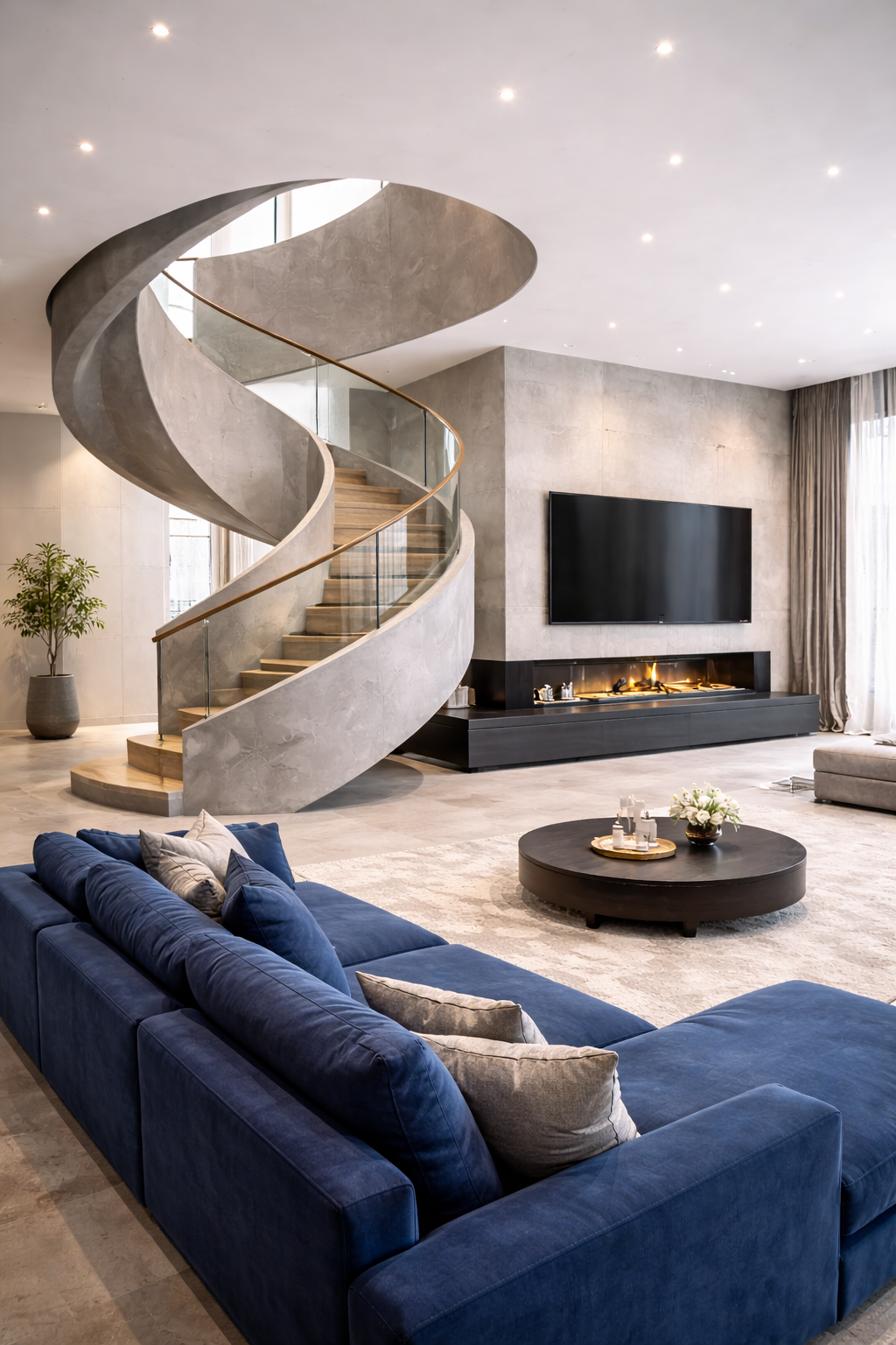 Spiral staircase in modern living room with concrete treads &mdash; Mesa Precast custom GFRC and precast elements for modern luxury home interiors