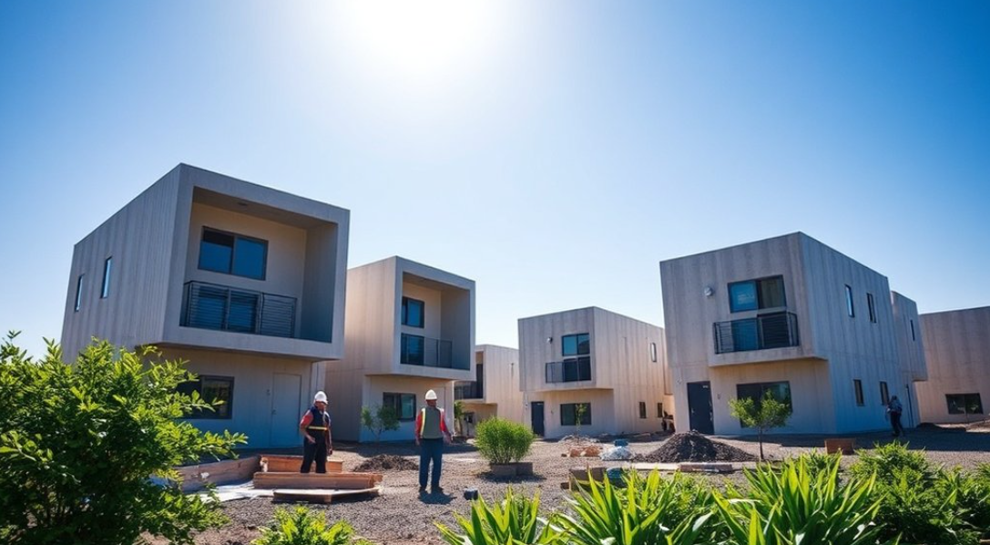 Modular precast concrete housing units under construction