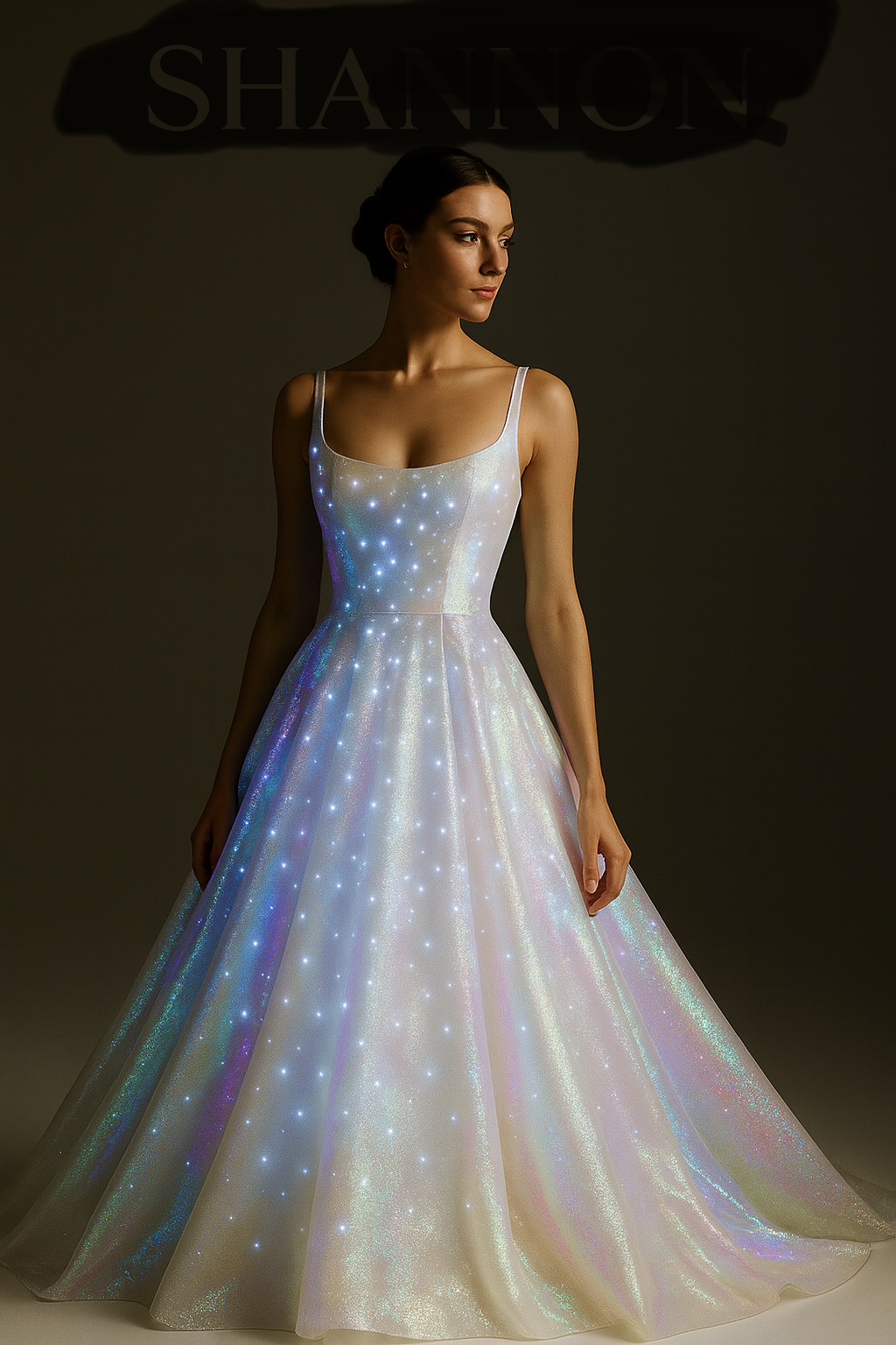 Enlyten white iridescent gown — fiber optic weaving and layered illumination