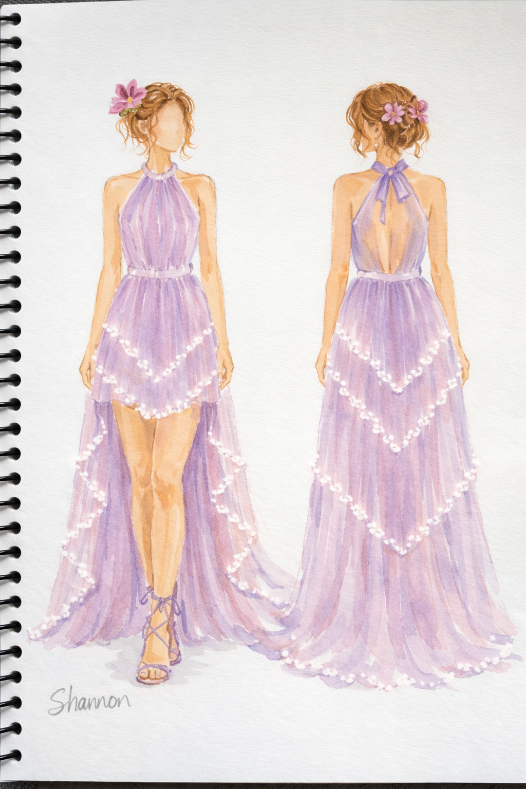 Imperial Orchid — Original design artwork, lavender high-low halter, signed Shannon