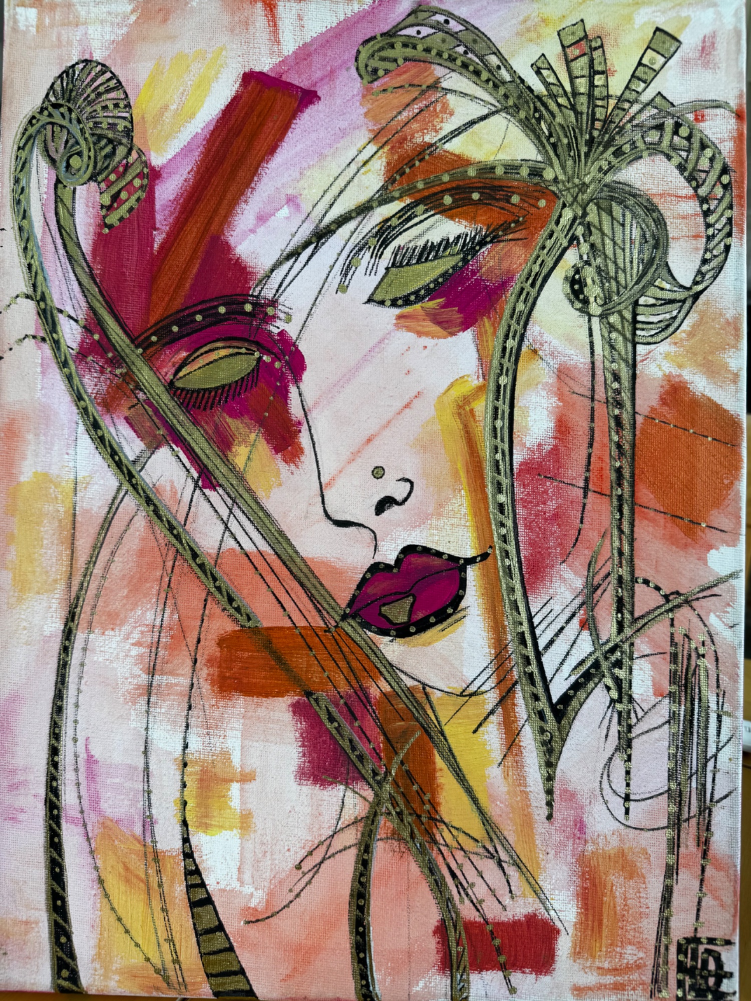 Original mixed-media painting by Lisa — bold pink, magenta, gold and orange colour washes with intricate olive and gold linework depicting a woman's face