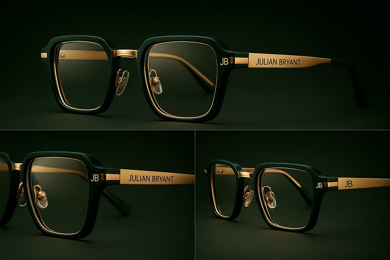 The Hero frame by Julian Bryant — emerald green with gold accents, multiple angles