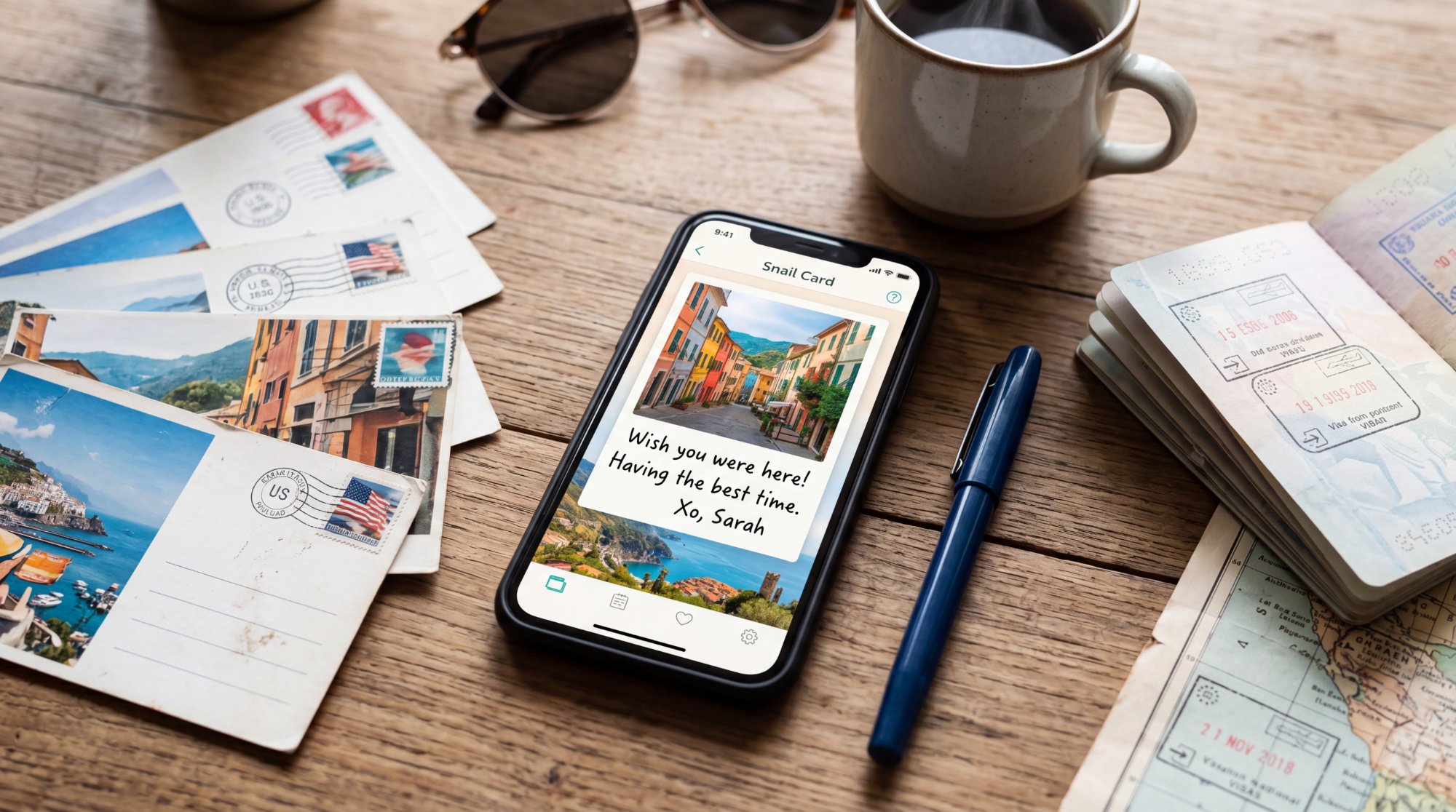 SnailCard app mockup with real postcards and vintage stamps
