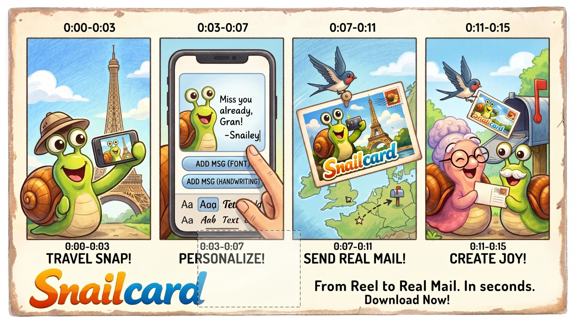 SnailCard 4-step journey: Snap photo at Eiffel Tower, personalize message, send real mail, create joy