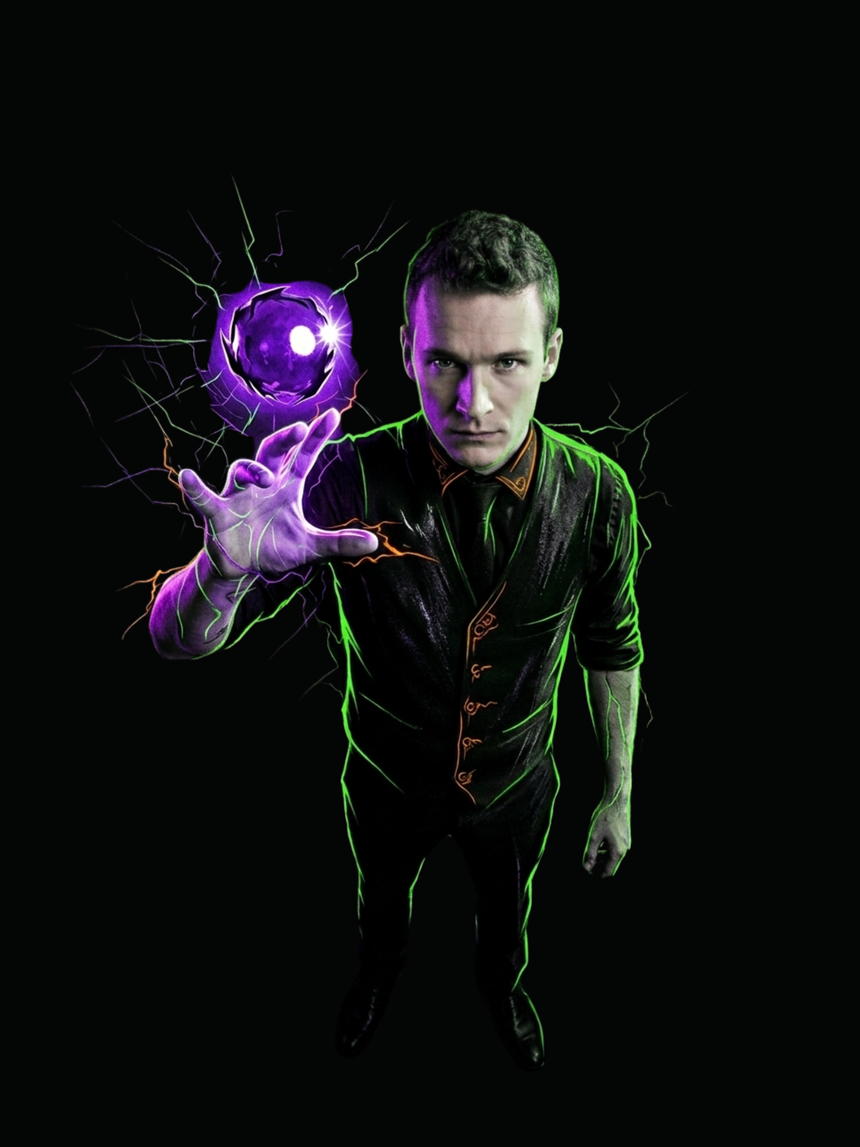 Foggy Jack performing with a glowing orb against a dark stage-like background