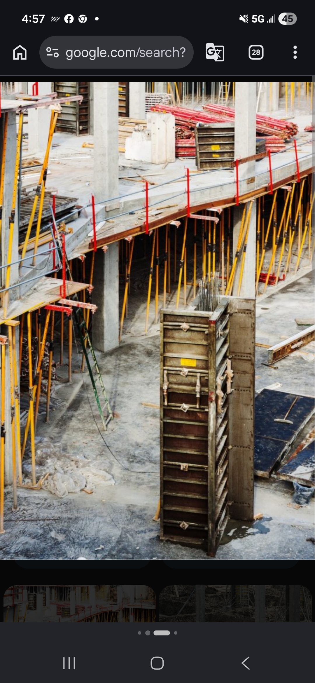 Construction site under inspection — concrete structure with scaffolding, formwork, and exposed rebar