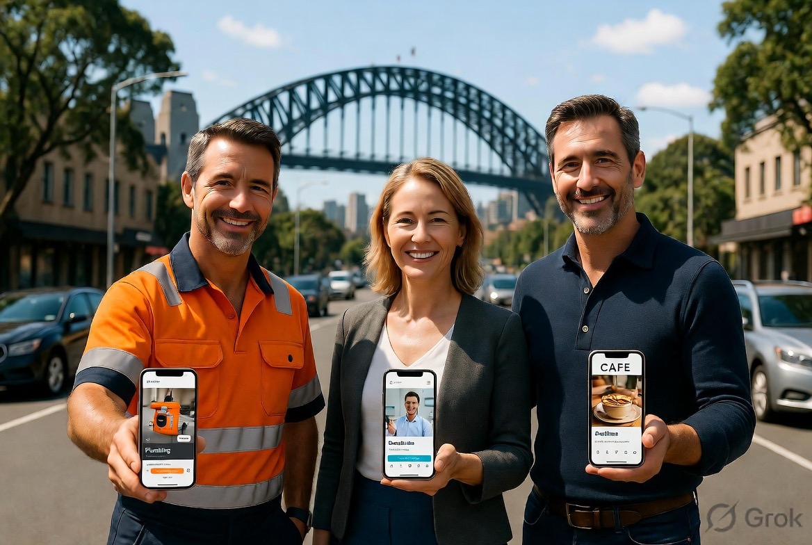 Three business owners with phones