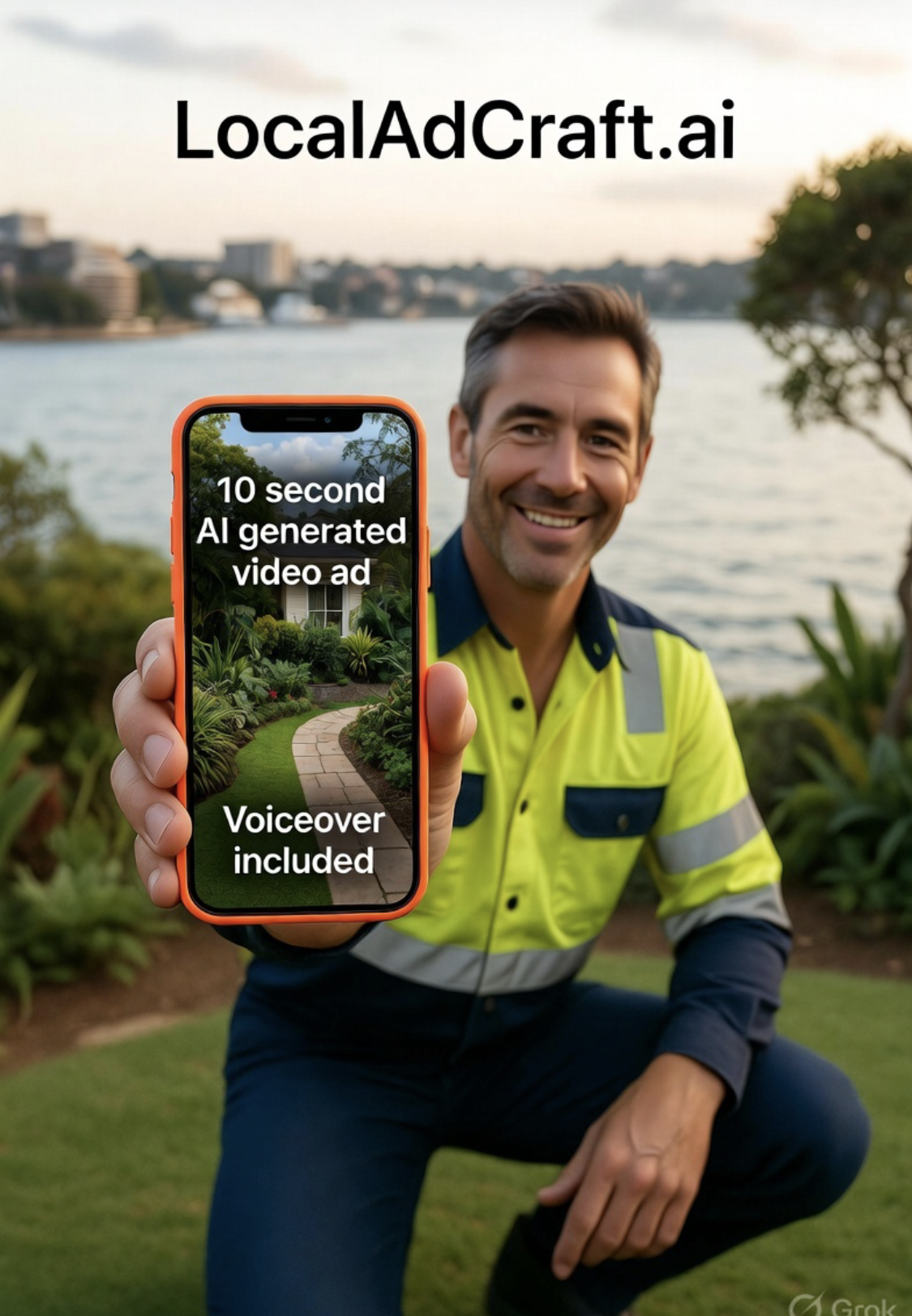 Landscaper with phone showing garden ad
