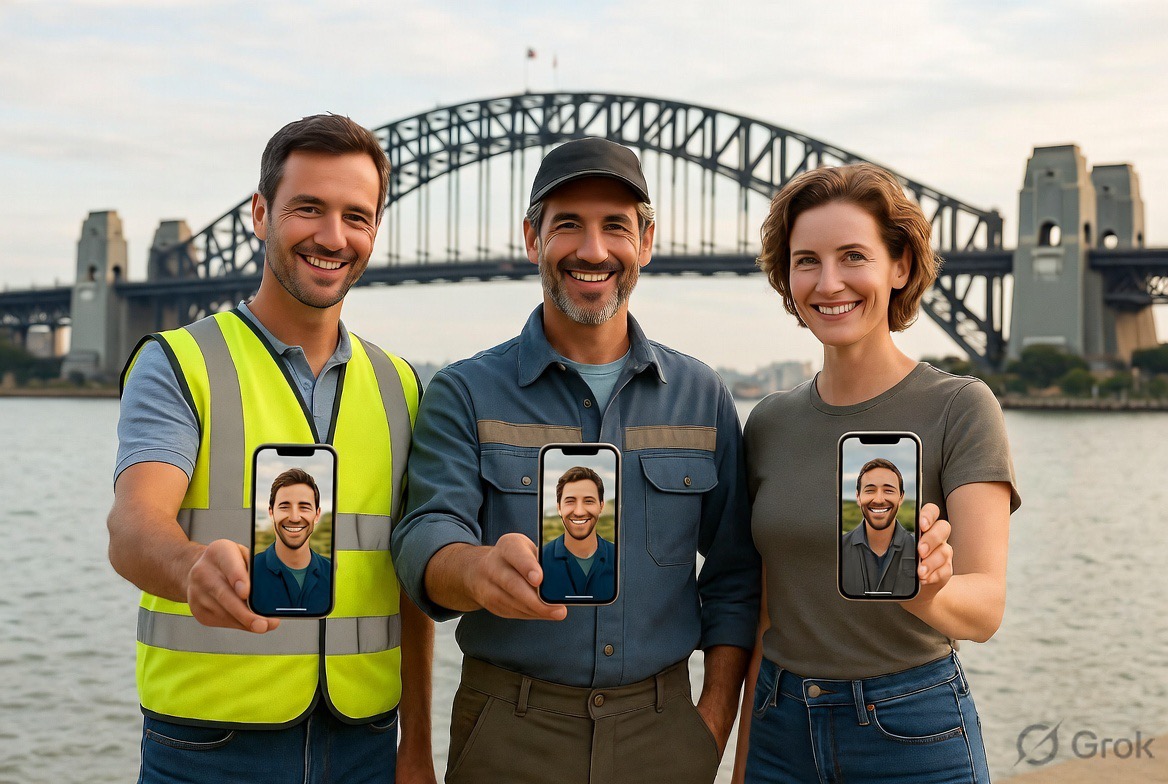 Three tradies with phones in front of Harbour Bridge