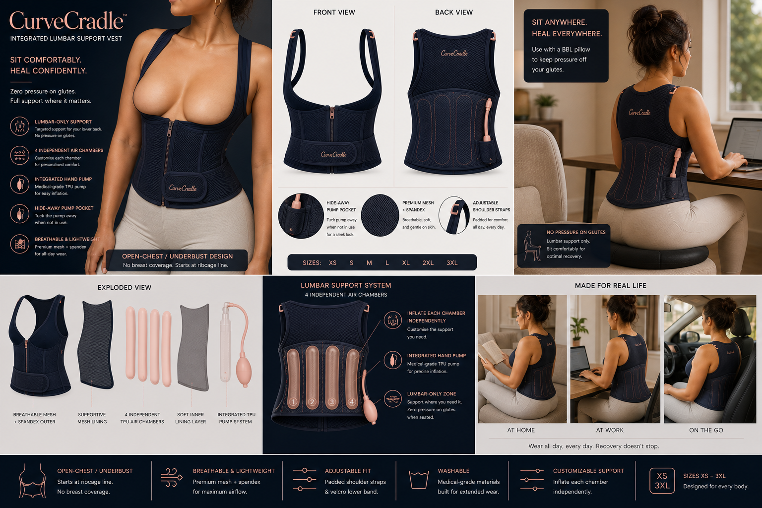 CurveCradle Recovery Vest — Professional Render Sheet