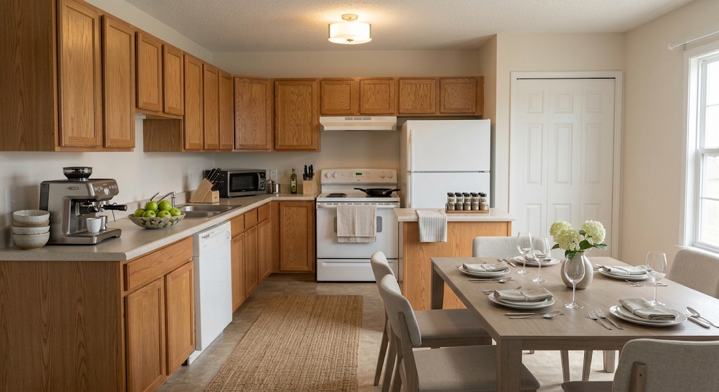 Virtually staged Scandinavian kitchen in natural daylight