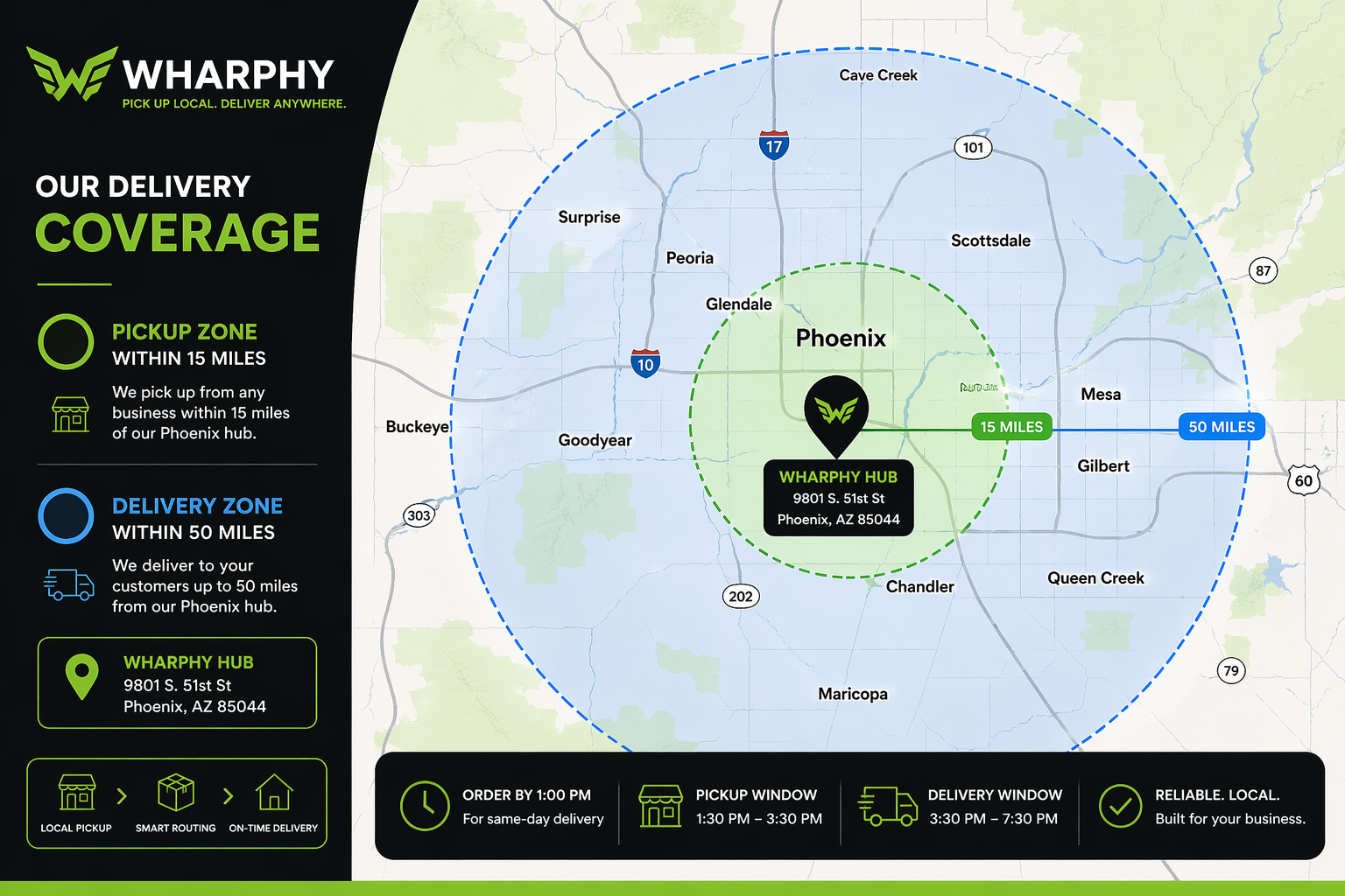 Wharphy Delivery Coverage Map — Pickup Zone 15 miles, Delivery Zone 50 miles from Wharphy Hub at 9801 S. 51st St, Phoenix AZ 85044