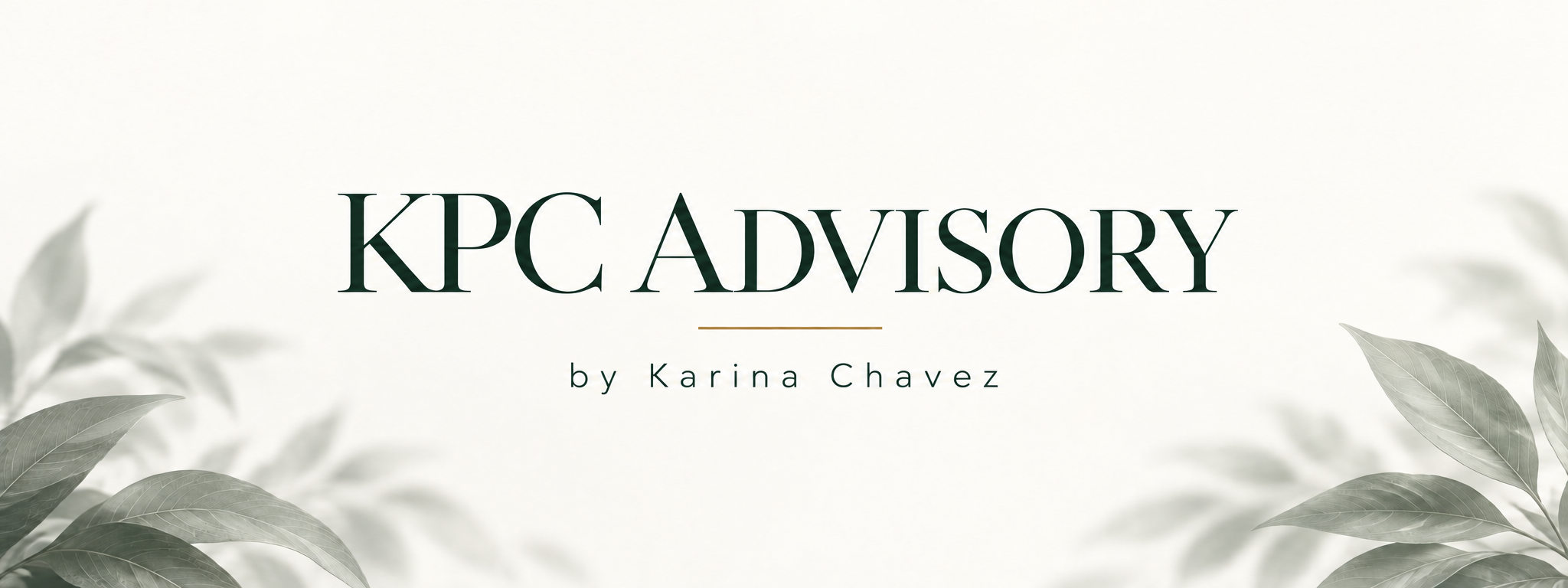 Portada de KPC ADVISORY by Karina Chávez, con logotipo tipográfico y hojas laterales.
