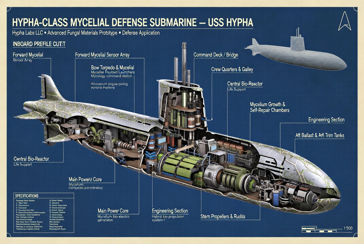 Hypha-class Mycelial Defense Submarine — USS Hypha cross-section schematic