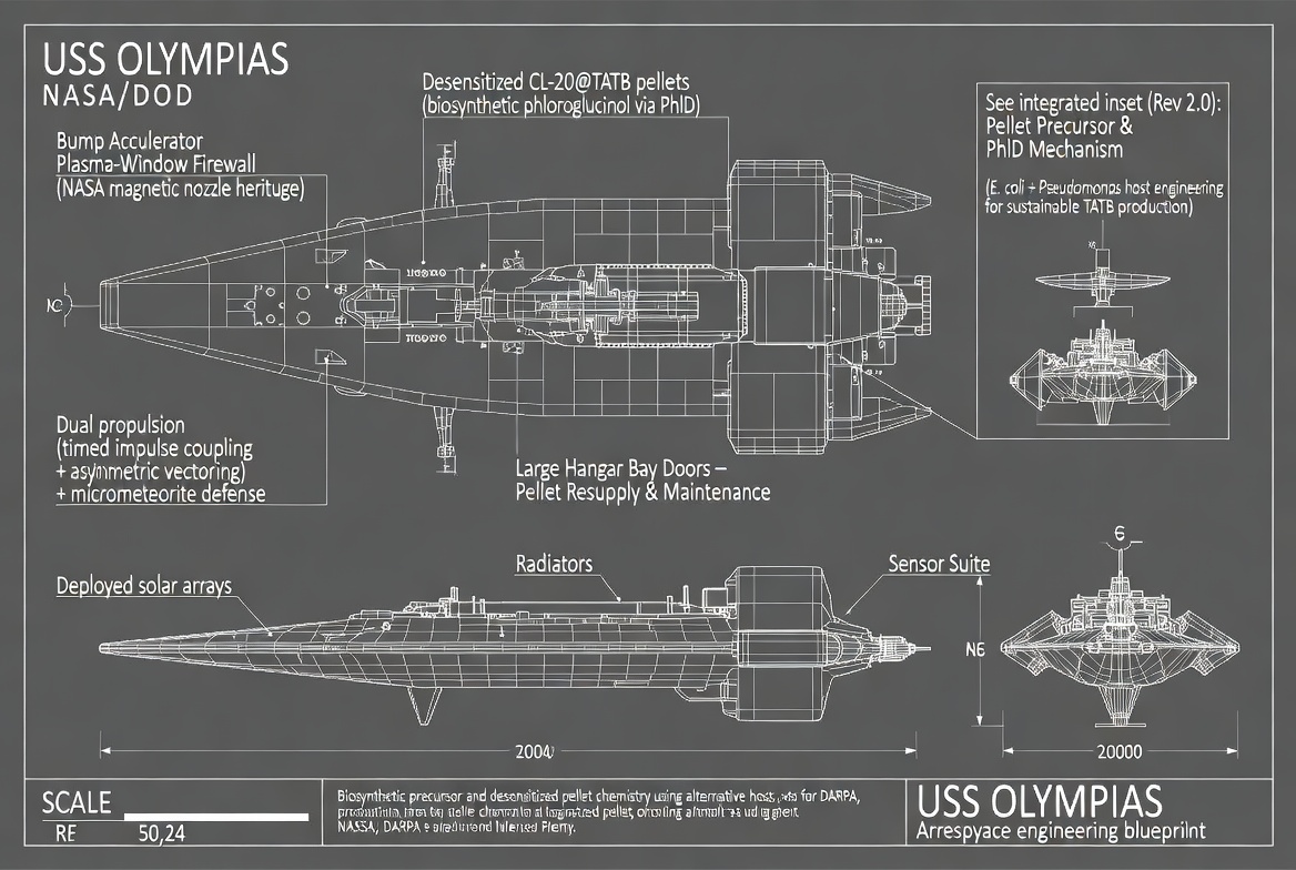 USS Olympias Rev 2.0 orthographic views — top-down, side profile, front profile with 360° firewall ring array