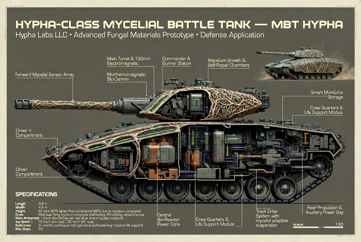 Hypha-Class Mycelial Battle Tank — MBT Hypha cross-section schematic