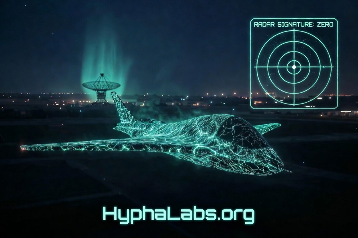 Concept art: mycelium stealth platform — fungal-composite airframe with integrated bio-armor