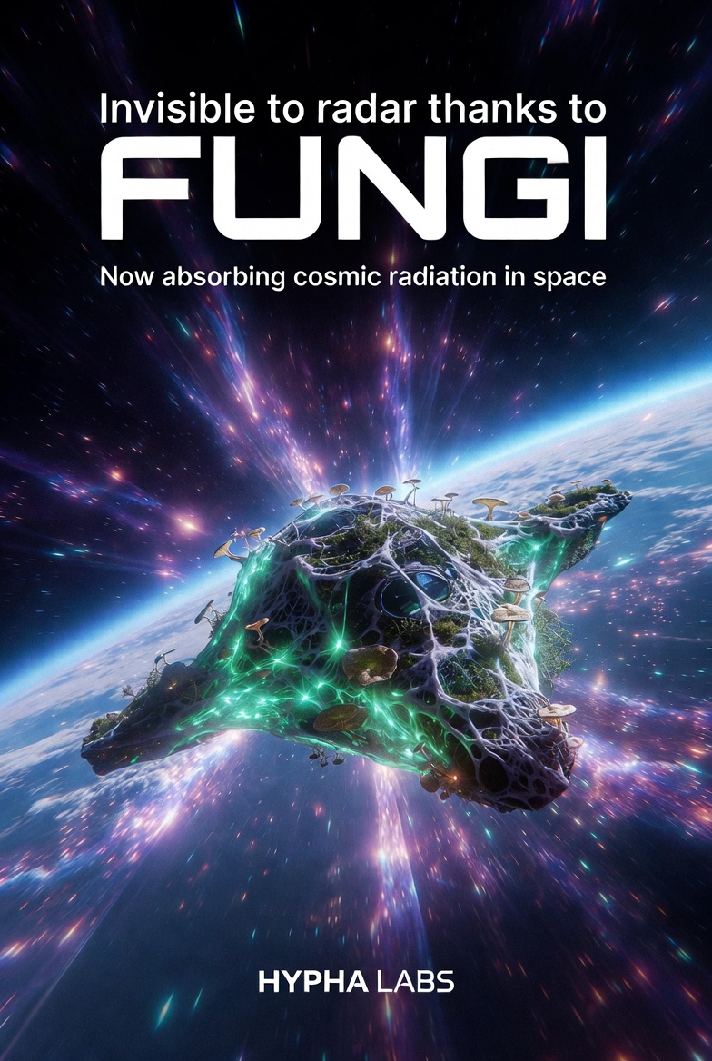 Concept art: mycelium-wrapped orbital platform absorbing cosmic radiation in space