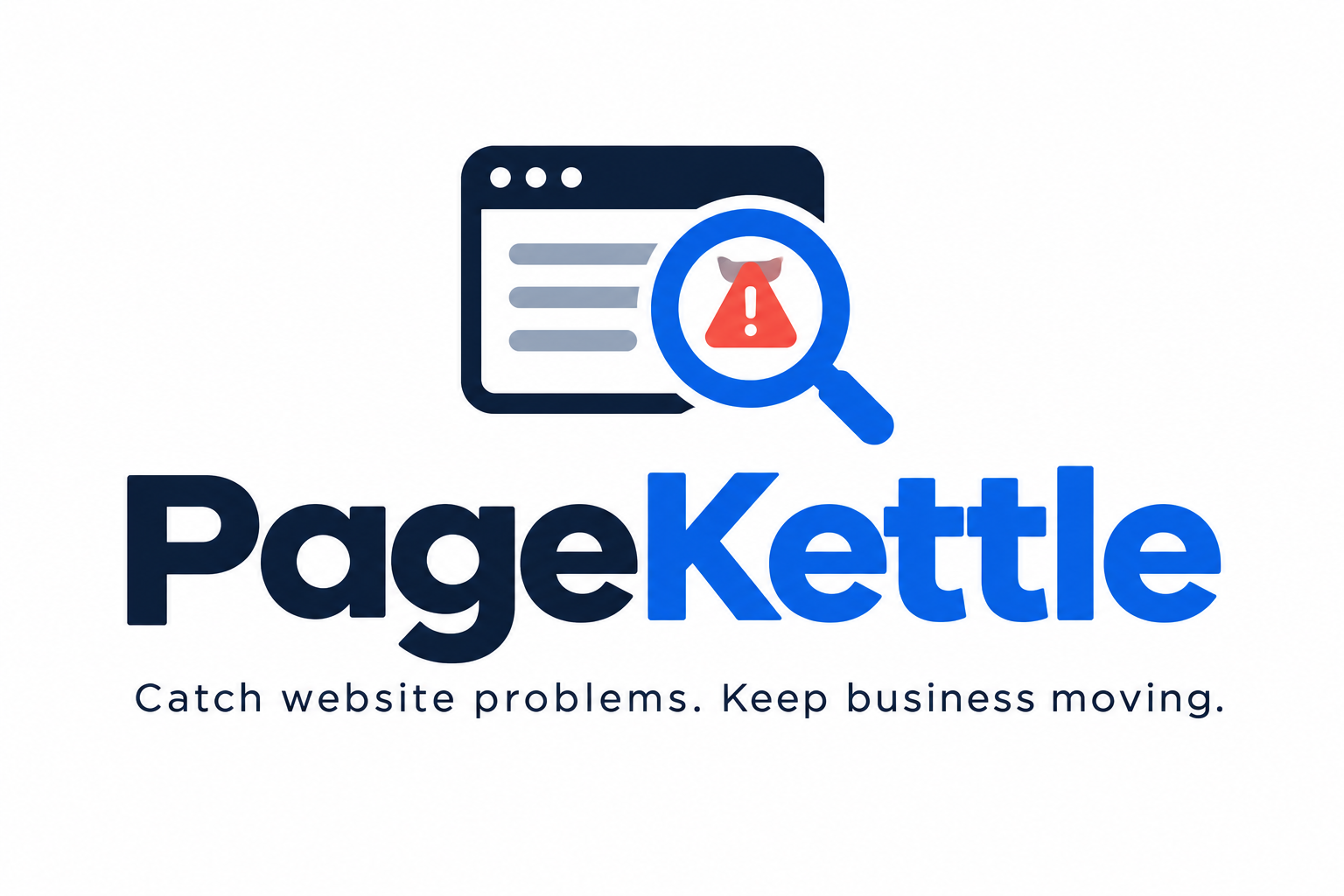 PageKettle logo and tagline above a browser with a magnifying glass highlighting a broken-link warning.