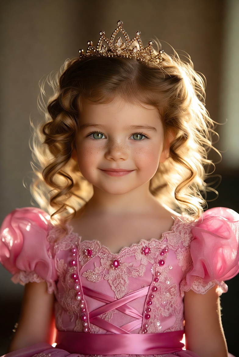 Emma — a girl with curly blonde hair, tiara, pink princess dress