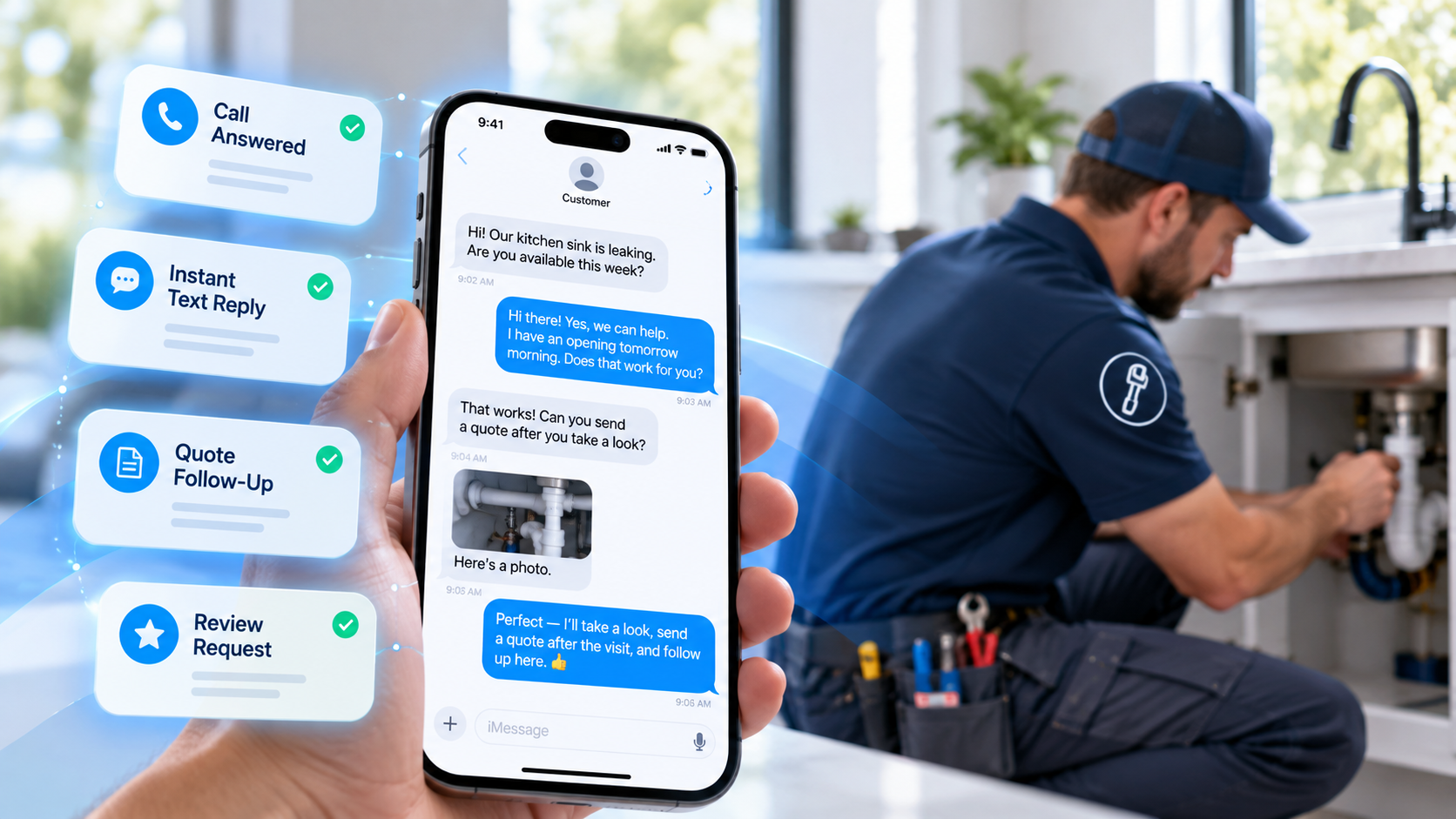 A customer text conversation shown clearly on a phone beside a service professional at work.