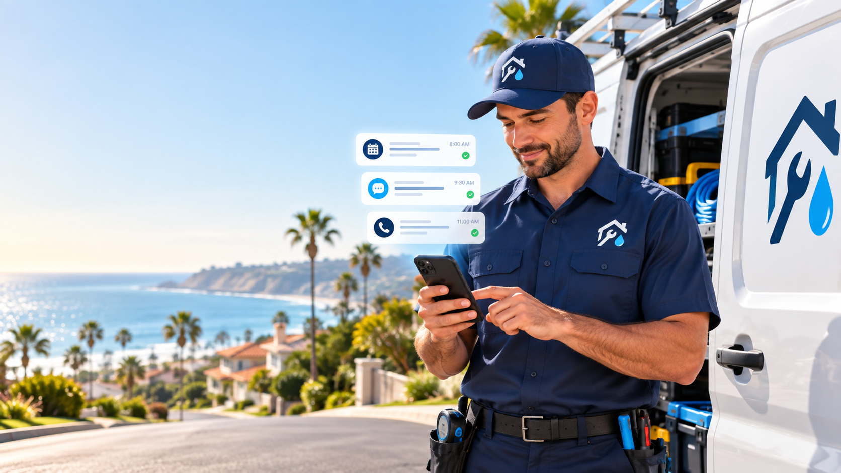 A service professional checks a phone beside a work van.