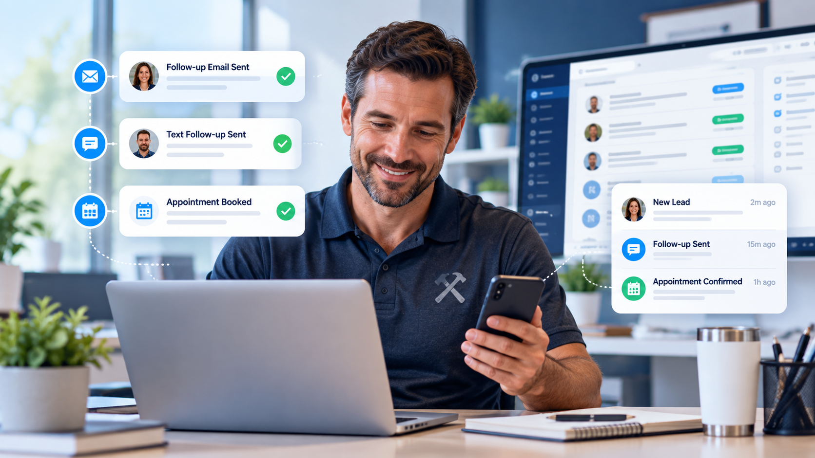 A home-service business owner reviews customer follow-ups at a laptop.